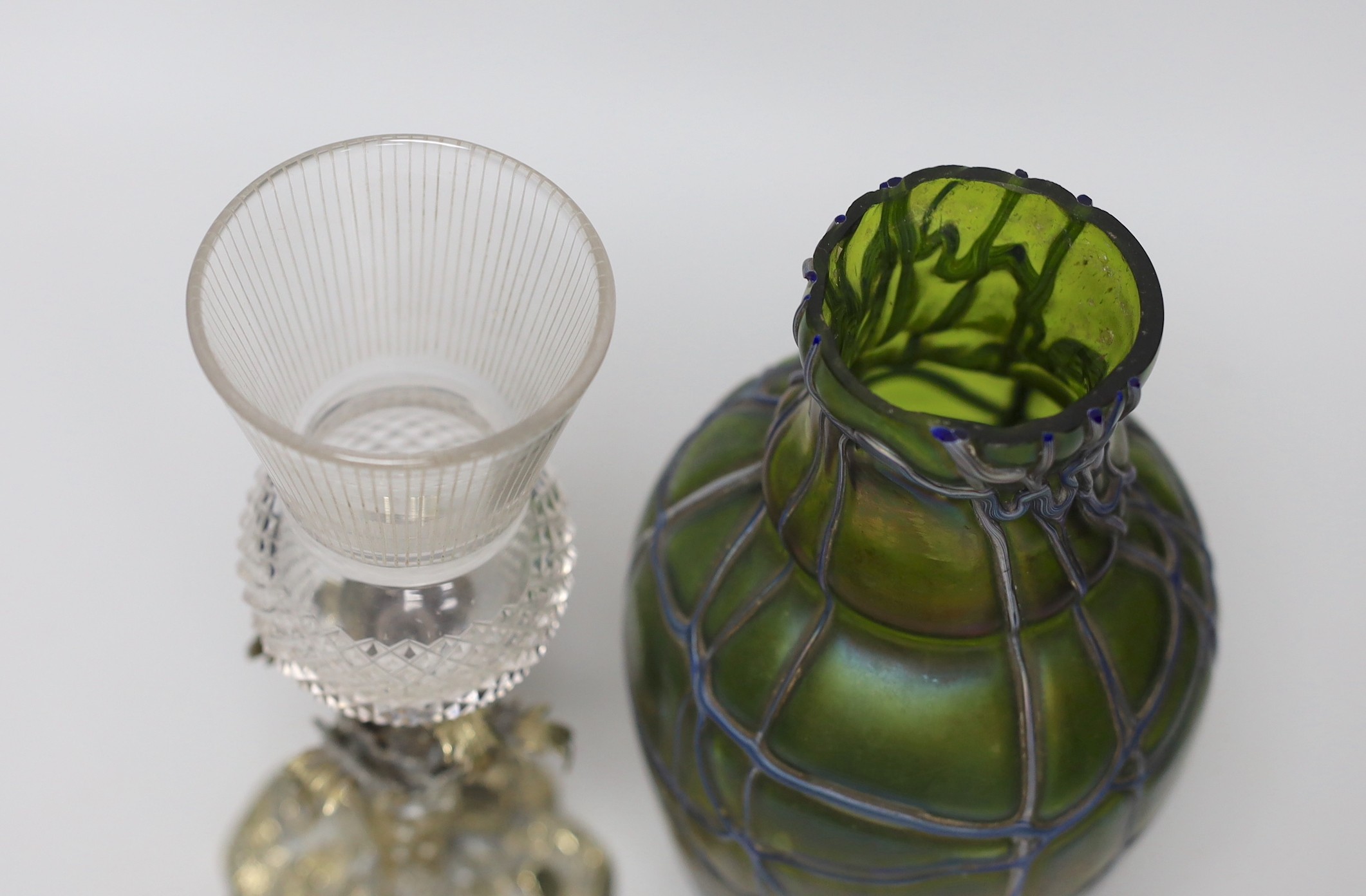 A Victorian thistle vase on cast plated base and a Pallme-Konig Art Nouveau glass vase